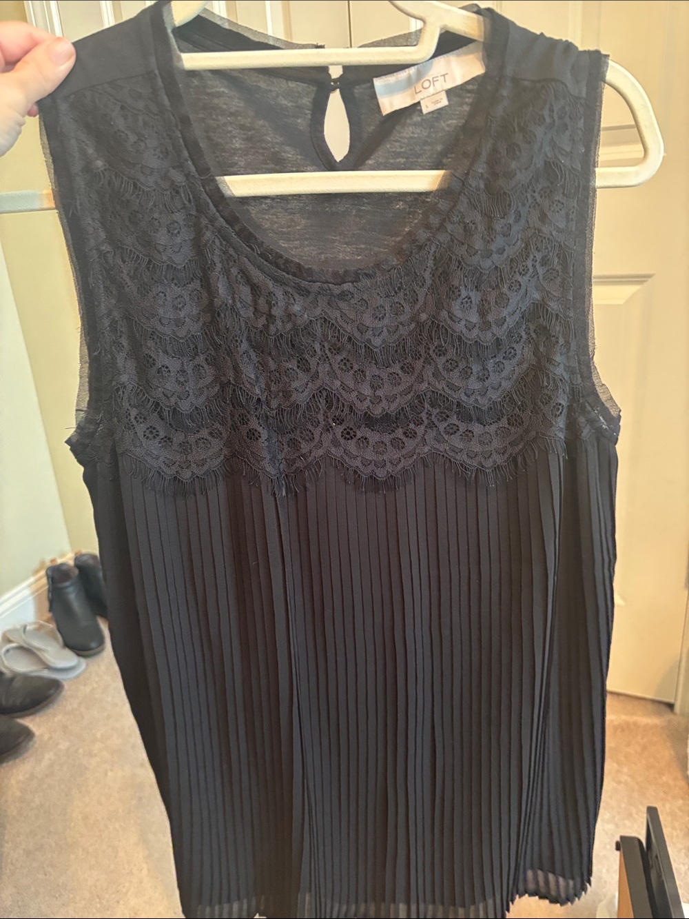 LOFT Navy Lace Yoke Pleated Sleeveless Camisole